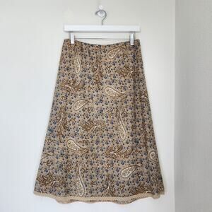 Vintage JKLA California Brown Blue Paisley Bias Cut Midi Skirt Academia 90sM